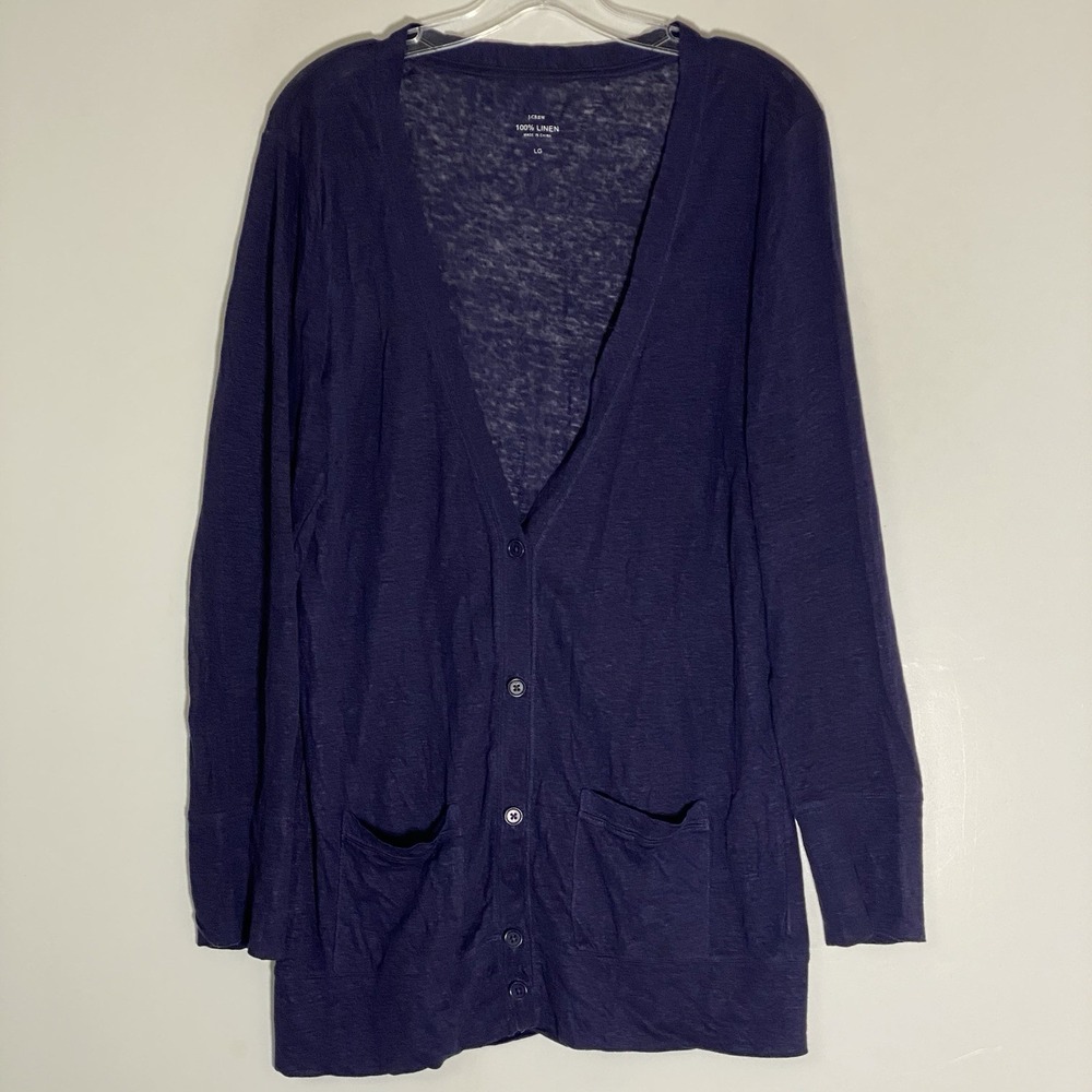 J Crew Cardigan Sweater Womens Large Navy Blue 100% Linen Boho Lagenlook Coastal